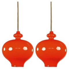 Pair of Hans-Agne Jakobsson for Staff Orange Glass Pendant Lights, 1960