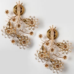 1 of the 2 Flower Crystal and Brass Wall Sconces by Palwa, Germany 1960s