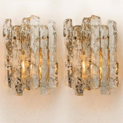 Pair of Ice Glass Wall Lights with Brass Tone by J.T. Kalmar, Austria