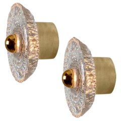 Pair of Round Gold Glass Wall Lights/Flush mounts by Peill Putzler, 1970