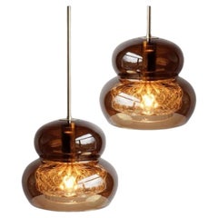 Pair of Pendant Light by Carl Fagerlund for Orrefors in Brown and Bubble Glass