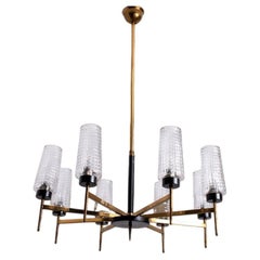 Chandelier 8 Waffle Glass Shades and Brass by Kaiser Leuchten Germany