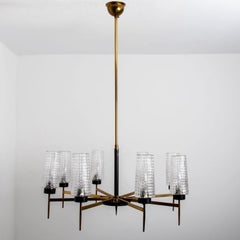 Chandelier 8 Waffle Glass Shades and Brass by Kaiser Leuchten Germany