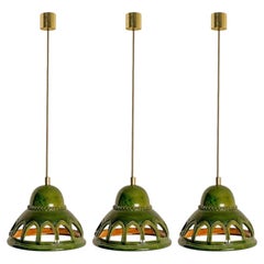 1 of the 3 Round Green Glazed Ceramic Pendant Lights, Germany, 1970s