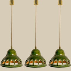 1 of the 3 Round Green Glazed Ceramic Pendant Lights, Germany, 1970s