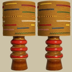 Pair of Brown and Red Ceramic Table Lamp with Custom Lampshade by René Houben