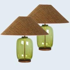 1 of the 2 XL Bubble Glass Table Lamps, Custom Silk Lampshade by R. Houben