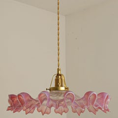 Art Deco Ruffled Murano Hand Blown Glass Pendant Transparent Pink, 1970