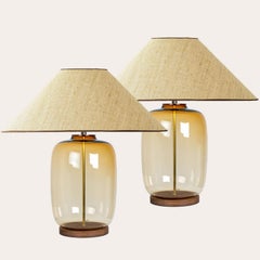 1 of the 2 XL Ochre Bubble Glass Table Lamps, Custom Silk Lampshade by R. Houben