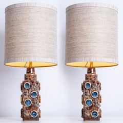 Paire de lampes Soholm brun-bleu avec abat-jour personnalisé René Houben, 1960s