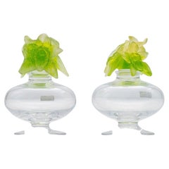 1 of the 2 Baccarat Art Glass Green Flower Bottles, France