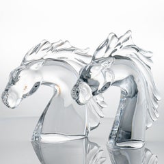 Set of 2 Daum Horse Head Clear Crystal Glass Sculpture, France