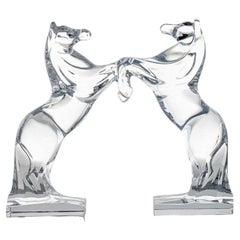 Juego de 2 esculturas de cristal transparente Daum Rearing Horses, Francia