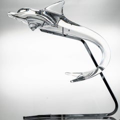 Scultura in vetro trasparente Daum Dolphin On Standard, Francia
