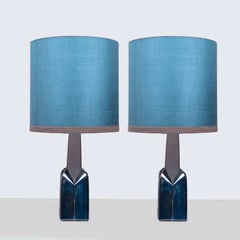 Pair of Soholm Lamps with New Silk Blue Lampshade René Houben, 1960s