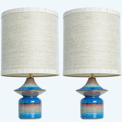 Pair of Blue Ceramic Table Lamps by Soholm, Silk Lampshade, Denmark 1960s