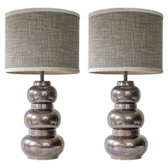 1 of the 2 Tiered Spherical Chrome Floor Lamps, Custom Made Shade by R. Houben