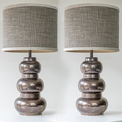 1 of the 2 Tiered Spherical Chrome Floor Lamps, Custom Made Shade by R. Houben