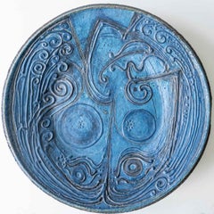 Assiette ronde décorative en céramique, design bleu turquoise du Danemark, années 1960