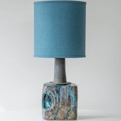 Blue Marbled Glazed Ceramic Table Lamp, Custom Made Blue Lampshade by R. Houben