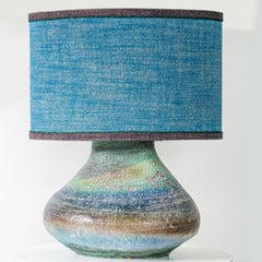 XL Multicolor Squat Bulbous Ceramic Lamp, Blue Custom Lampshade by R. Houben