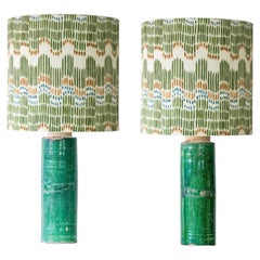 1 of the 2 Green Ceramic Lamps, Custom Multicolor Lampshade by R. Houben
