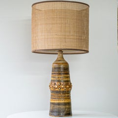 Georges Pelletier Brown Ceramic Lamp, Custom Double Silk Rattan Lampshade