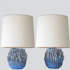 Round Blue Coral Ceramic Lamp, Custom White Silk Lampshade by R. Houben