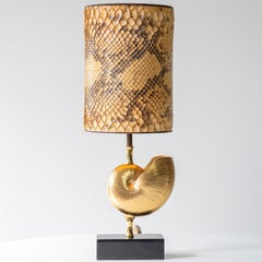 Nautilus Brass Table Lamp, Custom Made Snake Skin Pattern Lampshade by R. Houben