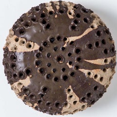 Dark Brown Ceramic Round Wall or Ceiling Light Stripes and Holes, Denmark 1970