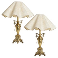 Pair of Highly Detailed Table Lamps with Brass Base and Wavy Ecru Lampshade, '55