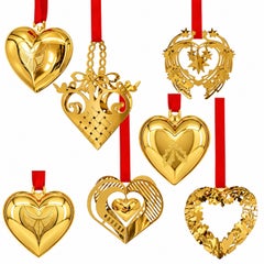 Set of Six 18K Gold-Plated Christmas Heart Ornaments by Georg Jensen, Denmark
