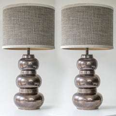 1 of the 2 Tiered Spherical Chrome Floor Lamps, Custom Made Shade by R. Houben