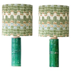1 of the 2 Green Ceramic Lamps, Custom Multicolor Lampshade by R. Houben