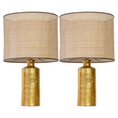 1 der 2 Bitossi Gold Keramik Lampen, Rattan Doppelter Lampenschirm von R. Houben