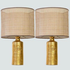 1 der 2 Bitossi Gold Keramik Lampen, Rattan Doppelter Lampenschirm von R. Houben
