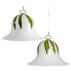 1 der 2 XL Glockenförmige Murano Glas Anhänger Weiß Grün Blätter, La Murinna