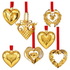 Set of Six 18K Gold-Plated Christmas Heart Ornaments by Georg Jensen, Denmark