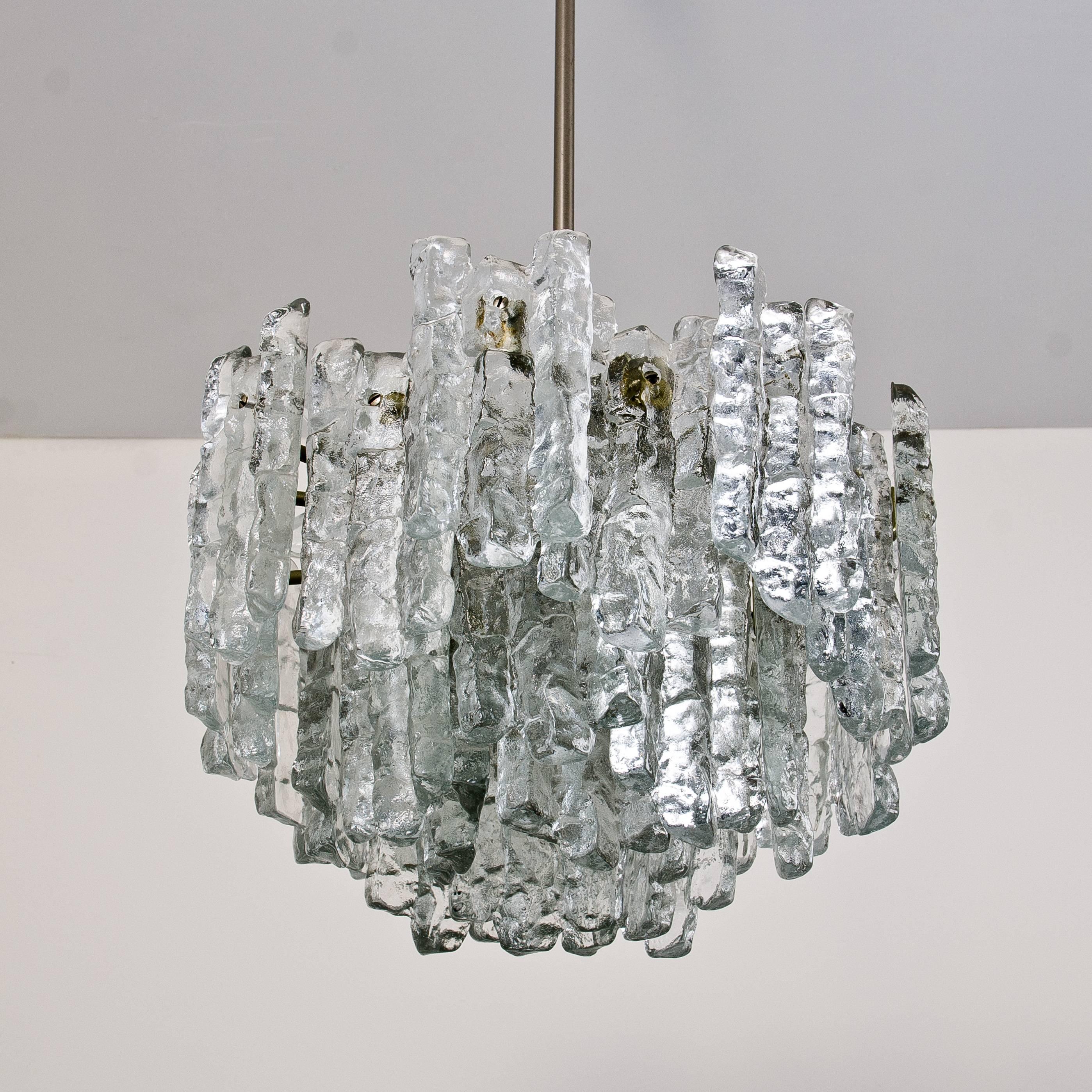 Mid-Century Modern Pair of Large Modern Ice Glass Chandeliers by J.T.Kalmar