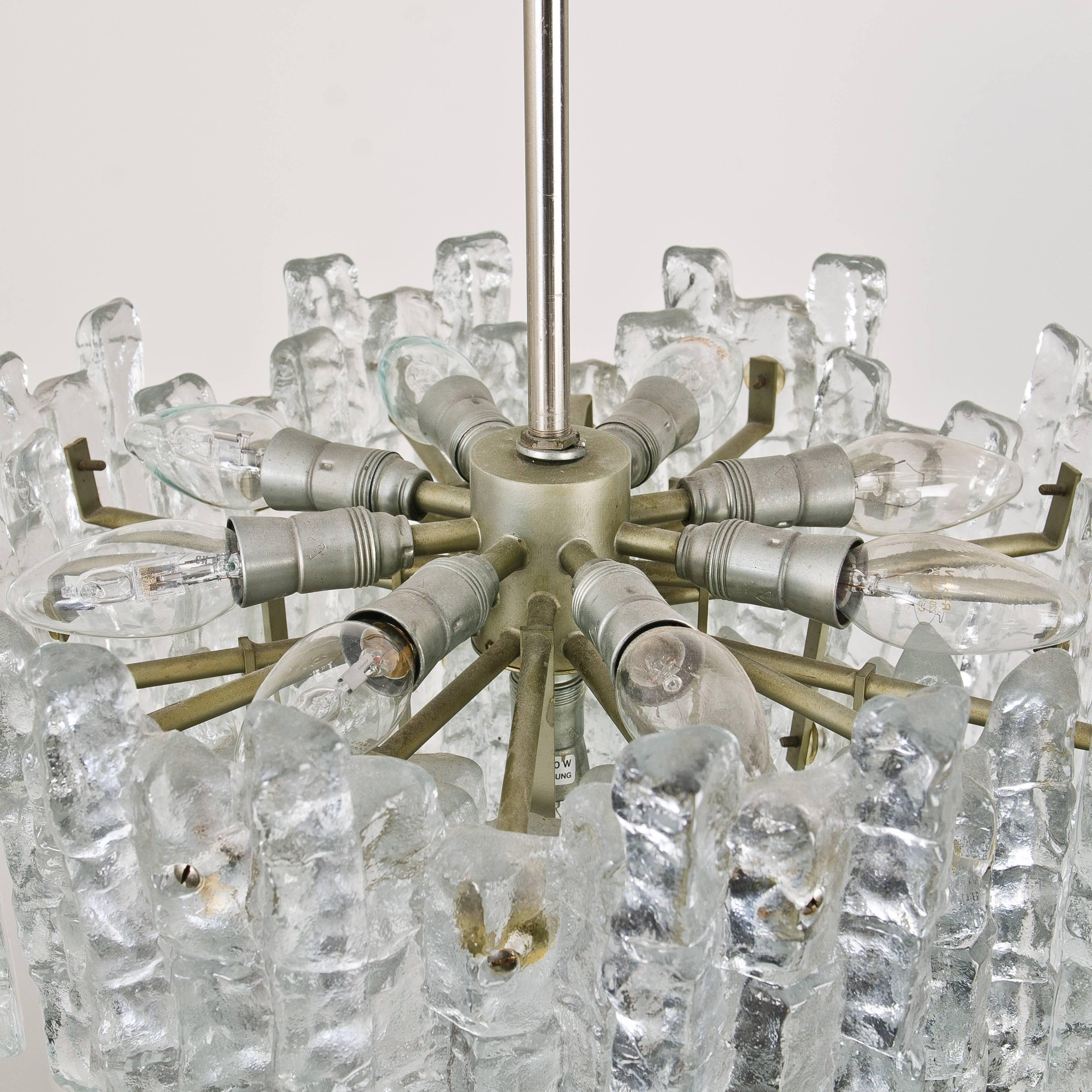 20th Century Pair of Large Modern Ice Glass Chandeliers by J.T.Kalmar