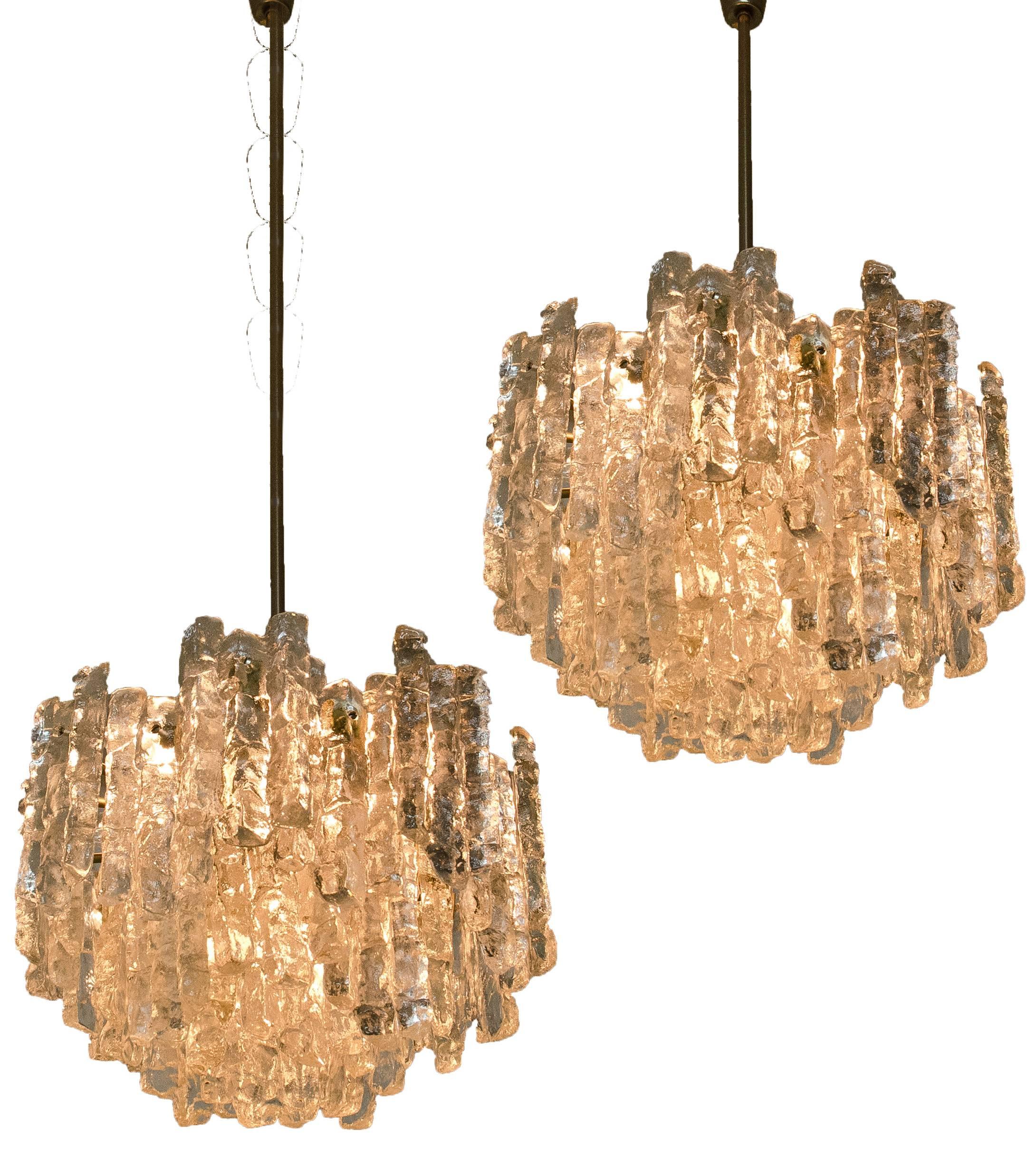 Pair of Large Modern Ice Glass Chandeliers by J.T.Kalmar 1