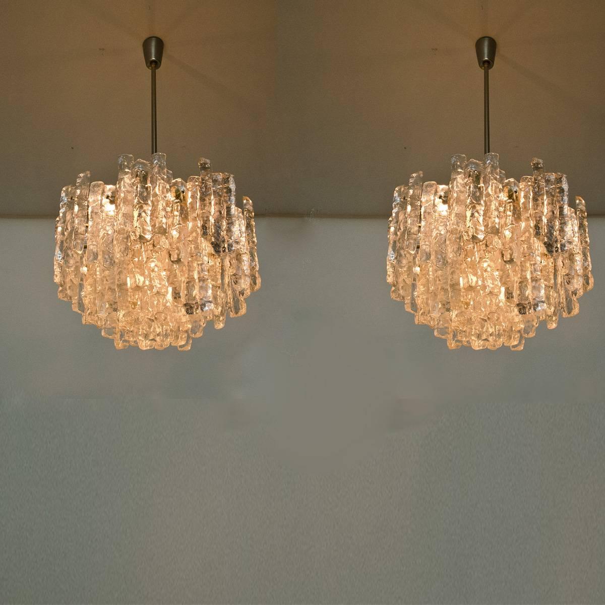 Pair of Large Modern Ice Glass Chandeliers by J.T.Kalmar 2