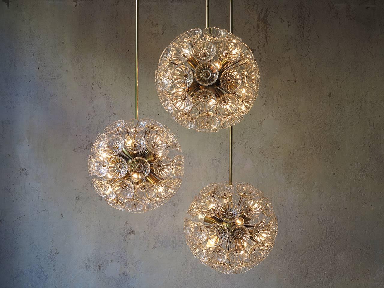 Mid-Century Modern Set of Three Eye-Catching Floral Glass and Brass Chandeliers, 1960s
