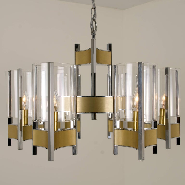 Pair Of Nine Light Chrome Brass And Glass Chandelier By Gaetano Pair Of High Quality Gaetano Sciolari Chrome And Brushed Brass Two Tier Nine Light