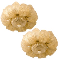 Pair of Barovier e Toso Flush Mounts Murano Glass with Gold Inclusions, 1960