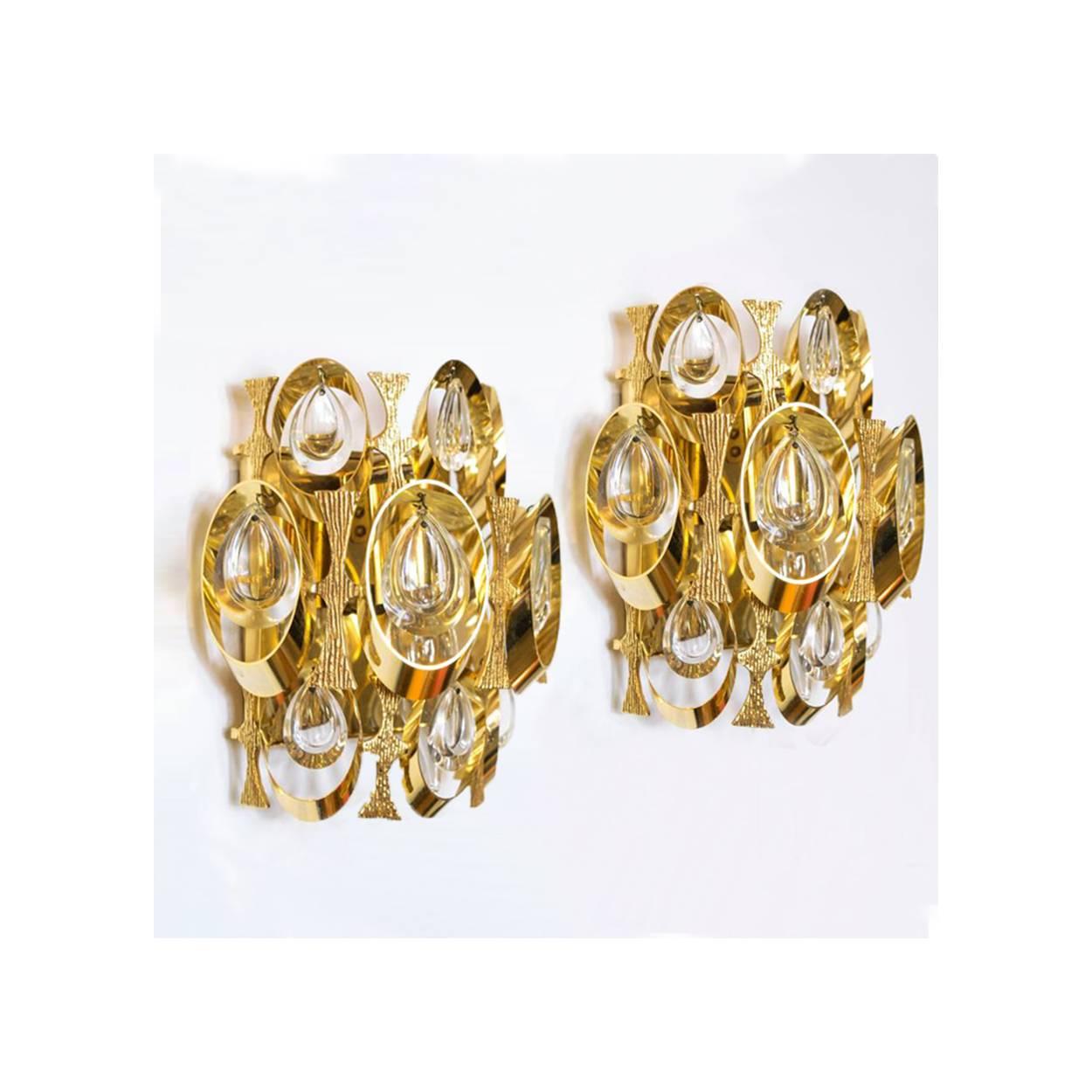 Brutalist Pair of Crystal and Gold-Plated Sciolari Wall Sconces, Italy, 1960