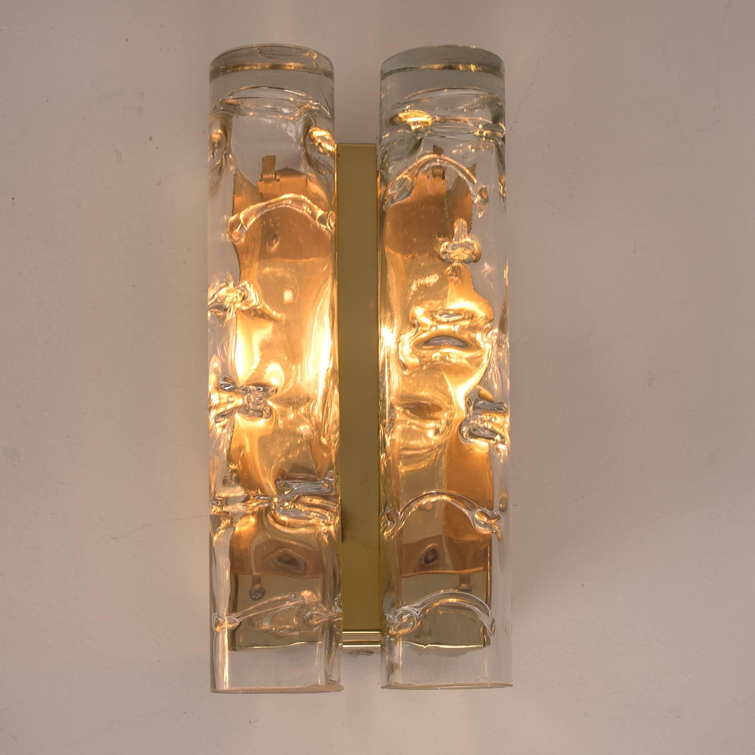 German Pair of Doria Glass and Brass Wall Lights or Sconces, 1960