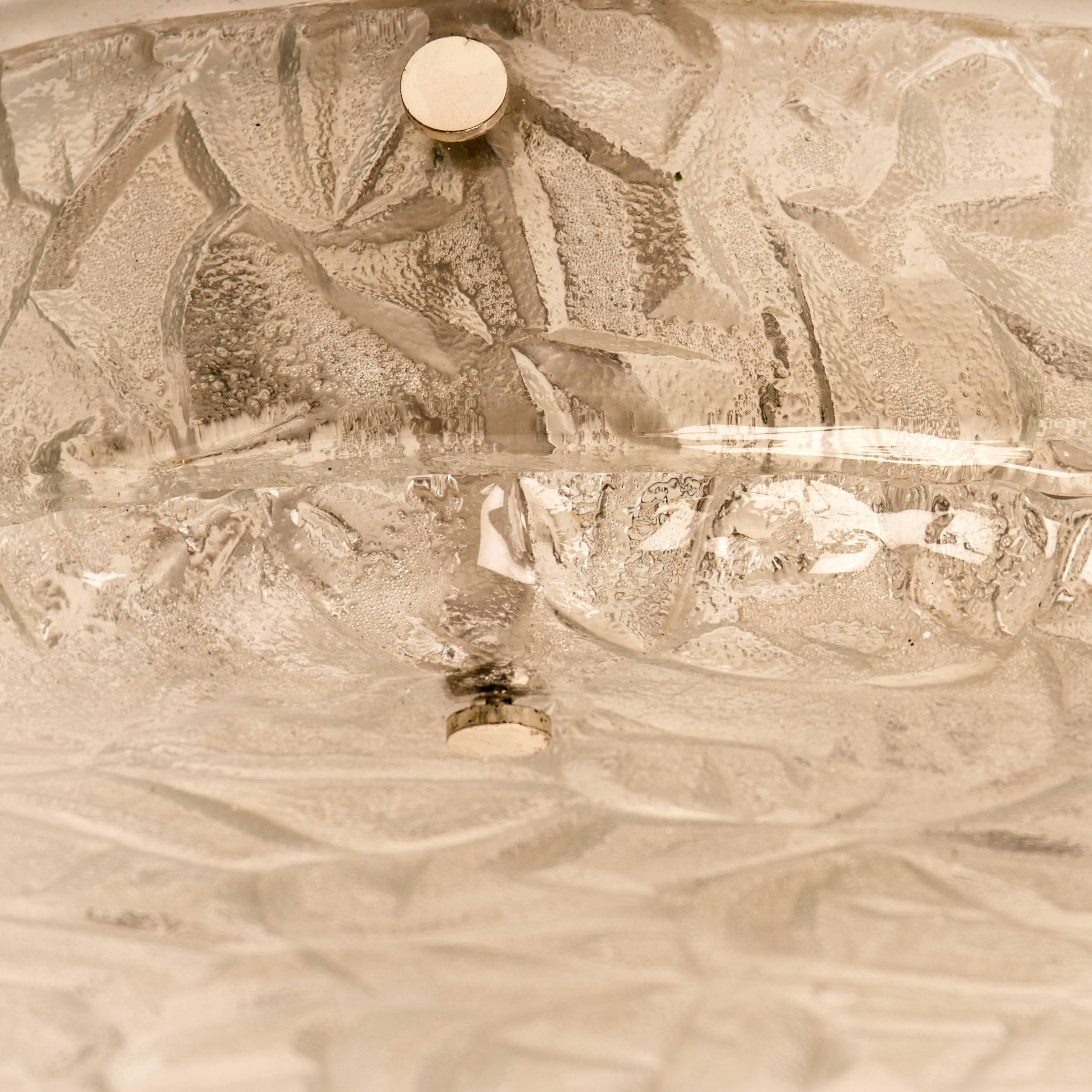 Mid-Century Modern Large Textured Ice Glass Wall Flush Mount by Hillebrand, Germany, 1960s