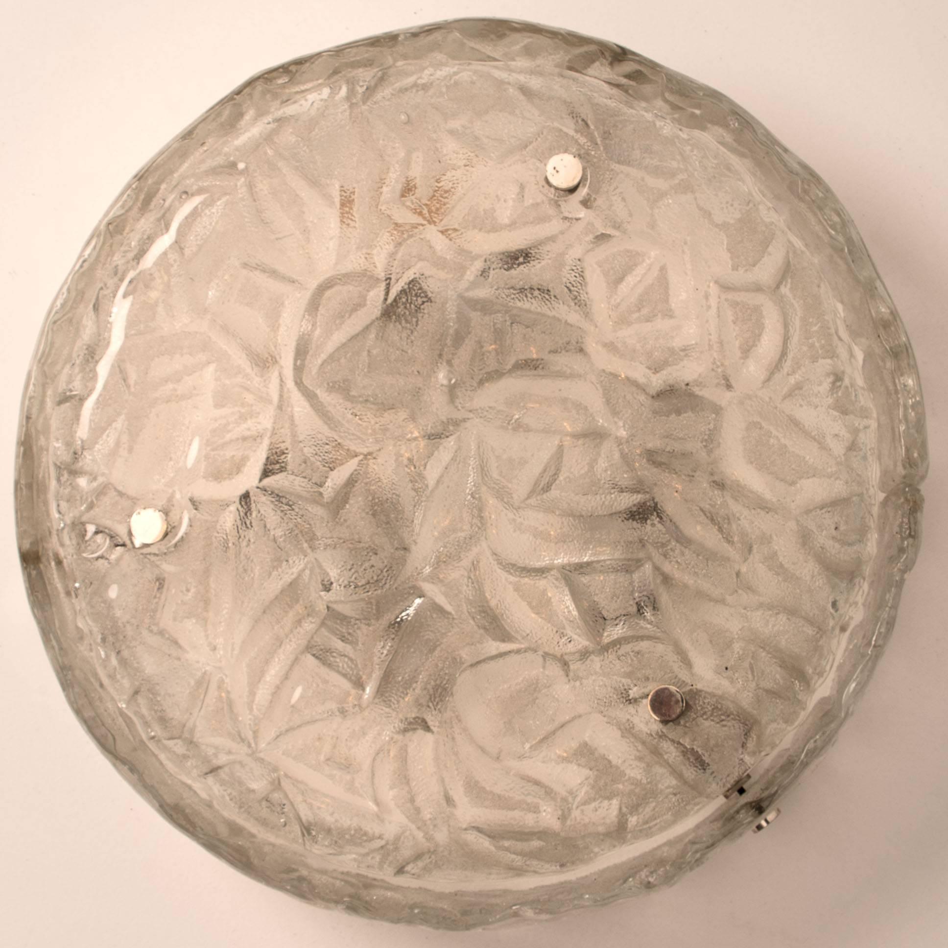 Large Textured Ice Glass Wall Flush Mount by Hillebrand, Germany, 1960s In Excellent Condition In Rijssen, NL