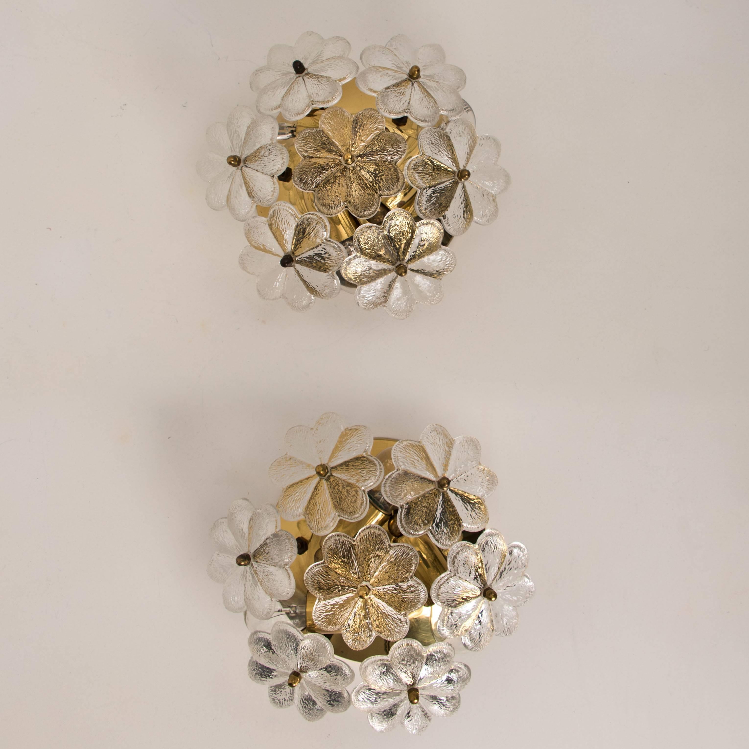 20th Century Pair of Glass and Brass Floral Wall Lights from Ernst Palme, 1970s